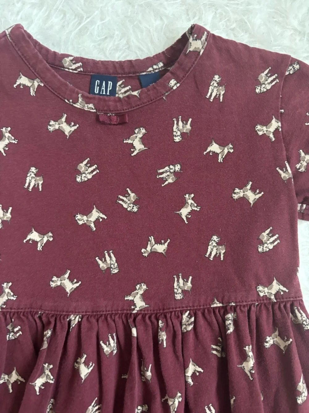 GAP Girls' Y2K Burgundy Short Sleeve Dress with Cream Puppy AOP